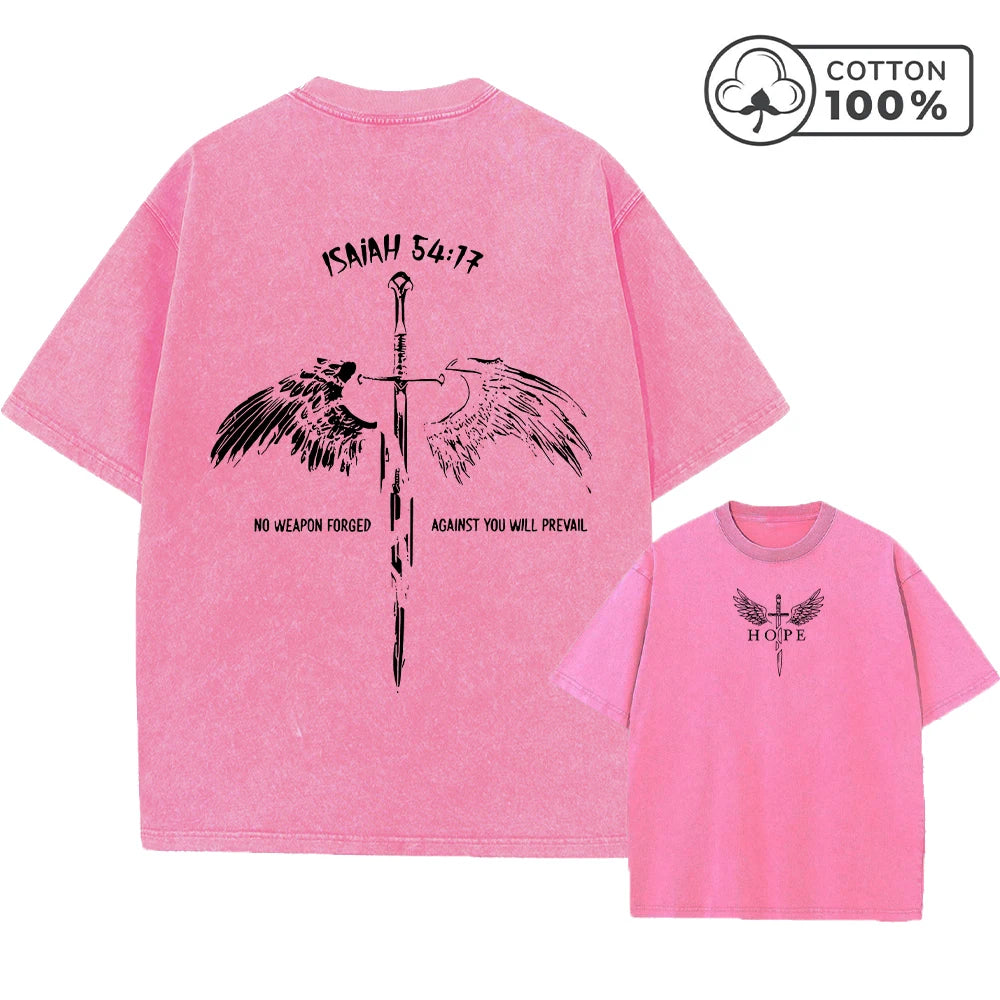 Men's Distressed Pure Cotton Washed T-Shirt With Wings And Sword Print Short Sleeve Loose Fit Casual Daily Wear Fitness Top