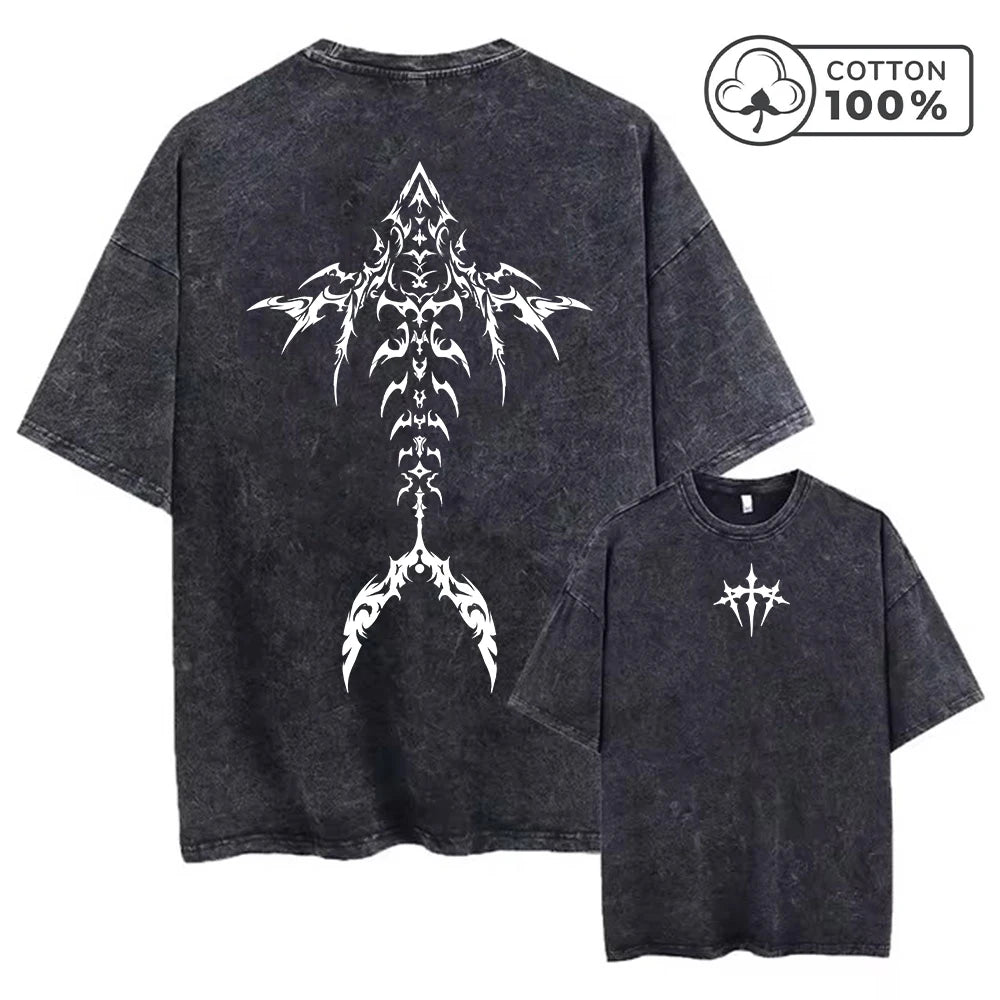 Men's  Fashion Washed T-Shirt With Unique Fishbone Print Loose Fit Casual Pure Cotton Short Sleeve Street Style Commuter Top