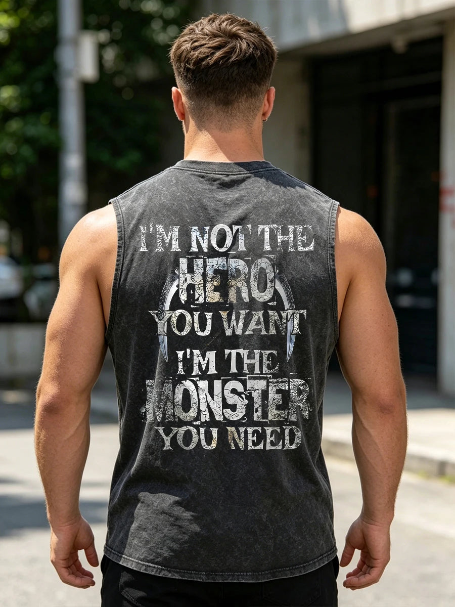 Men's Retro Pure Cotton Washed Vest With Personalized Text Print Summer Casual Sleeveless T-Shirt Daily Commute Outdoor Fitness