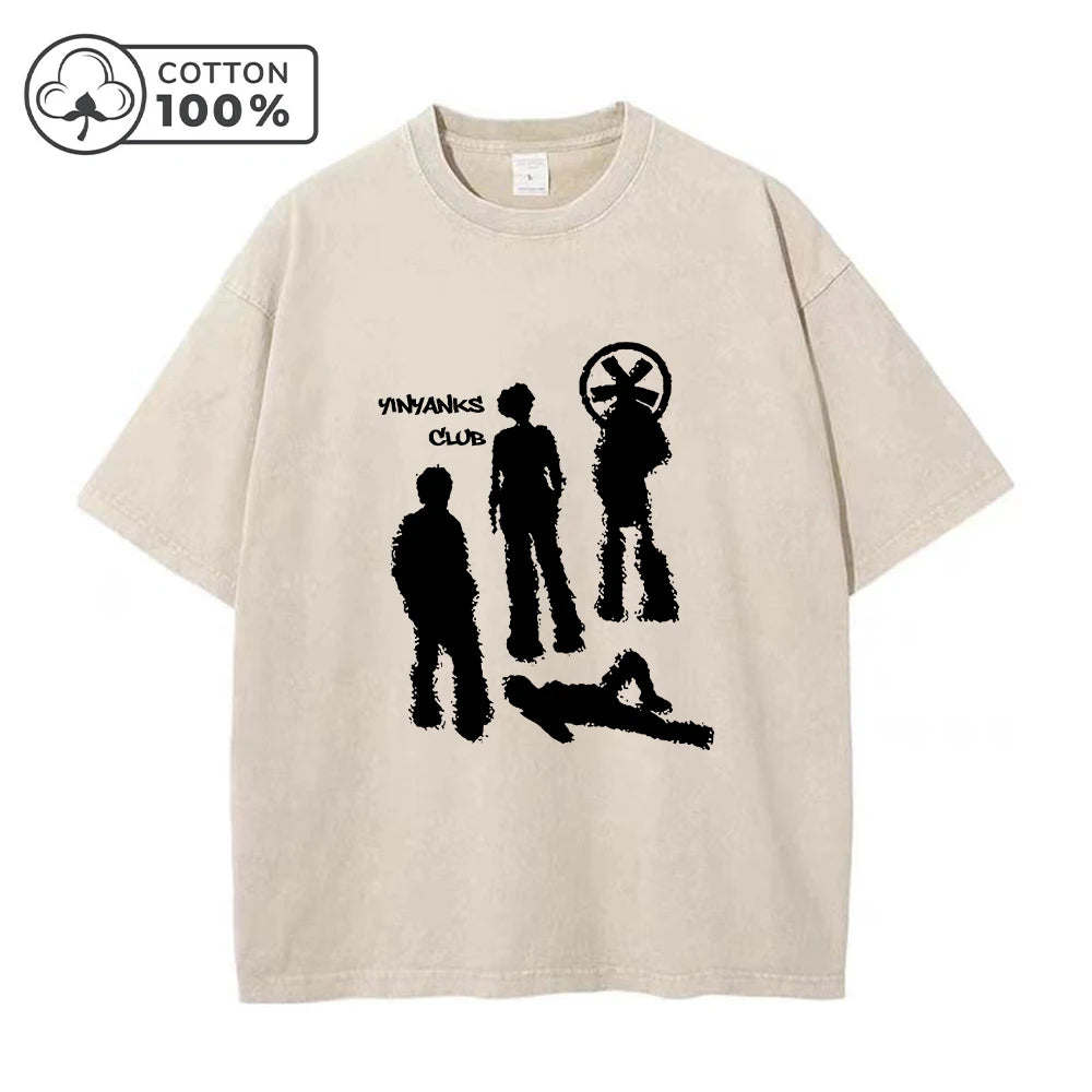 Fashion Retro Washed T-Shirt With Creative Shadow Print Loose Fit Casual Pure Cotton Short Sleeve Street Style Commute Top
