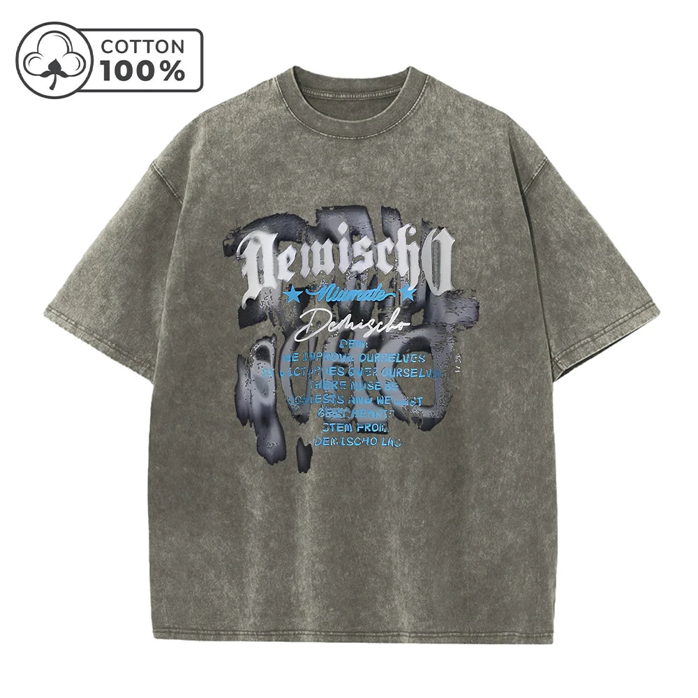 Men's Spring And Summer Casual Washed T-Shirt Vintage Distressed Pure Cotton Crew Neck Short Sleeve Unique Text Print Top