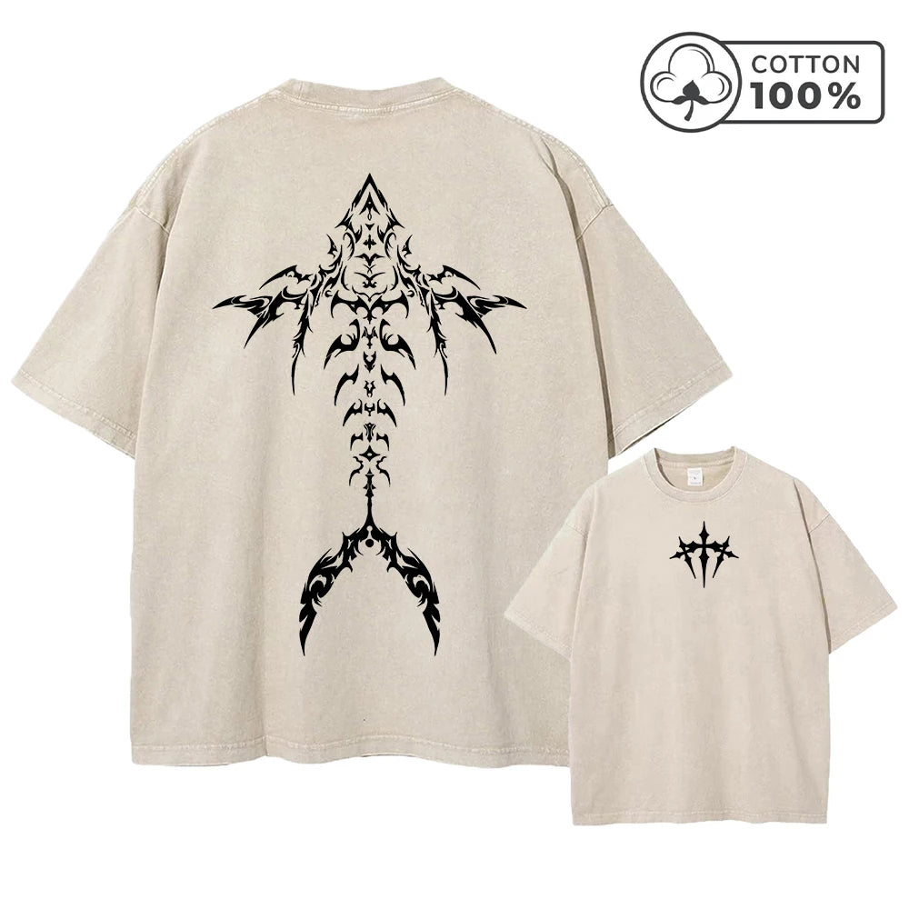 Men's  Fashion Washed T-Shirt With Unique Fishbone Print Loose Fit Casual Pure Cotton Short Sleeve Street Style Commuter Top