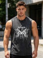 Men's Simple Butterfly Print Retro Washed Vest Summer Casual Heavyweight Pure Cotton Sleeveless Vest Street Style Loose Top