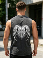Men's Retro Washed Vest With Cross Wing Print Loose Fit Casual Pure Cotton Sleeveless Top Summer Fitness Running Base Shirt
