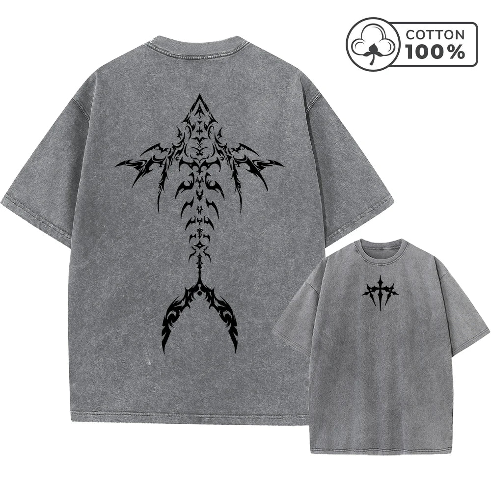 Men's  Fashion Washed T-Shirt With Unique Fishbone Print Loose Fit Casual Pure Cotton Short Sleeve Street Style Commuter Top