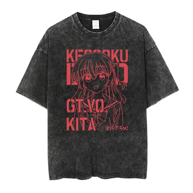 Men Oversized Printed Tshirts Bocchi Club Music Band Anime Bocchi The Rock Cotton Tops Creative Crew Neck Tees Washed TShirt