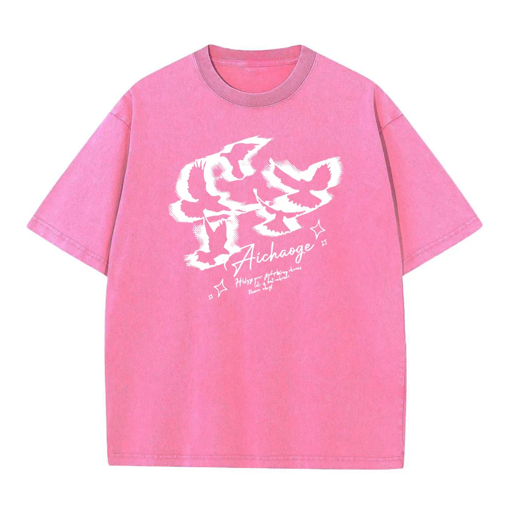 Men's Bird Print Washed T Shirt Summer Retro Distressed Pure Cotton Crew Neck Short Sleeve Fashionable Loose Casual Commuter Top