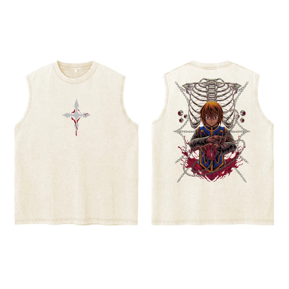 Anime Hunter X Hunter Acid Vest Retro Vintage Printed Washed Graphic Vest Men Harajuku Y2k Cotton Casual Tshirt Tops Unisex